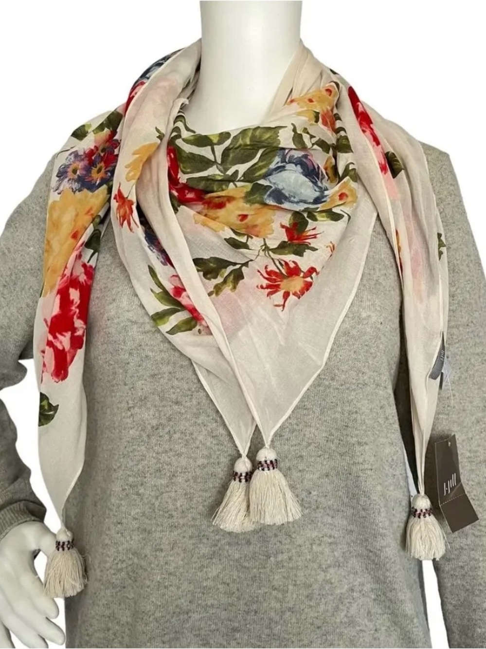 NWOT J.JILL FLORAL SQUARE SCARF WITH TASSELS - Picture 1 of 8